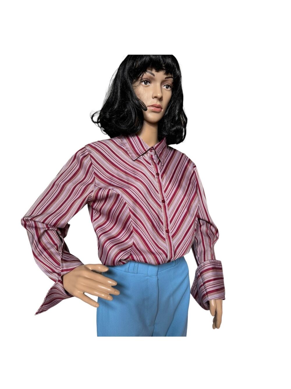 Vintage 70's Retro stripped bouse dagger collar large fold back cuffs size large